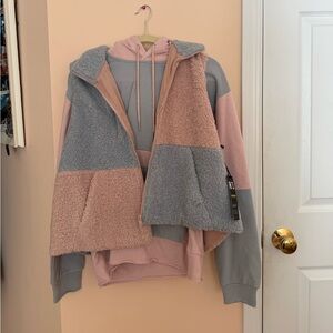 Finesse Pink and Blue Colorblock Patchwork 3 Piece Hoodie with Vest and Pants